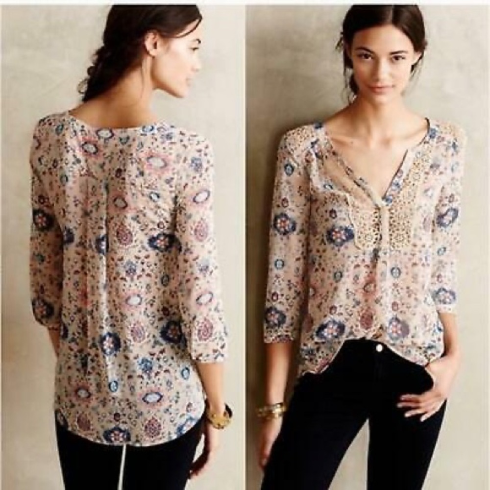 Maeve Viola Peasant Stillwater Sheer Blouse Top